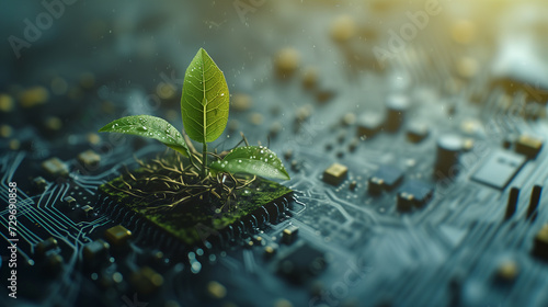 A young plant sprouts from a circuit board, symbolizing the fusion of nature and technology and the concept of green technology.