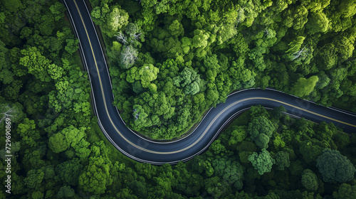Aerial view of a curvy road slicing through a dense  vibrant green forest  representing travel  nature  and eco-friendly infrastructure.