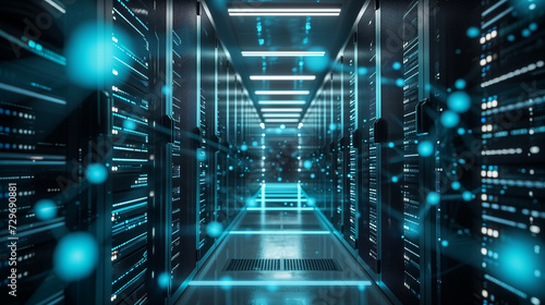 A futuristic data center with rows of high-tech servers illuminated by blue lights, symbolizing advanced technology and information storage. © Sunshine
