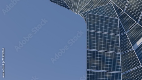 Mutiple half-cut solar panels spread around, reflection of the clouds, background for presentation