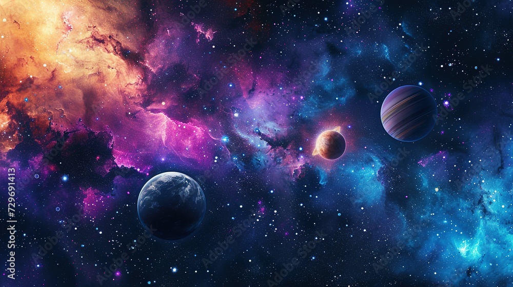 Vibrant watercolor cosmic scene with planets and nebulae. Wall art wallpaper