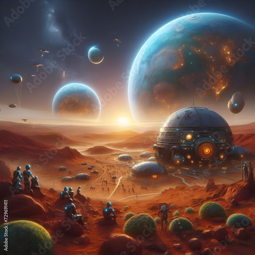 With the development of advanced science and technology, the people of the earth who have started space life, the future society expressed by imagination, Generative AI photo