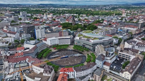 Aerial drone view of Königsplatz in Kassel , Germany . It is a round square in the center of Kassel . Today it is part of the pedestrian zone in the city center. photo