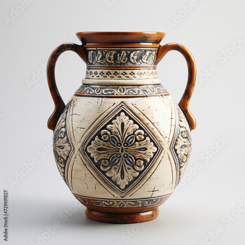 Handmade ceramic decorative vase, Antique ceramic pottery flower vase on white background
