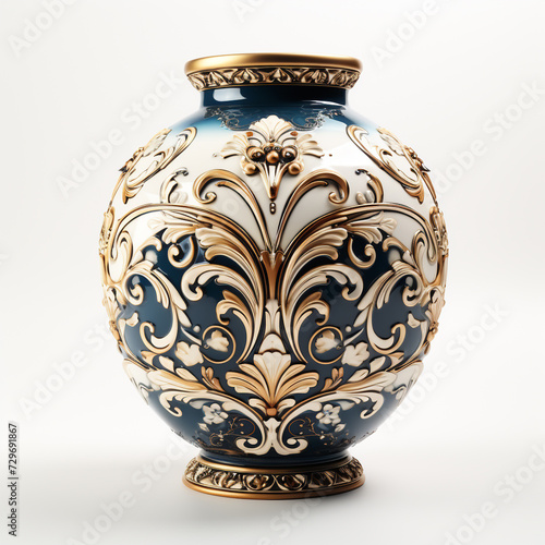 Antique ceramic pottery flower vase on white background, porcelain decorative vase
