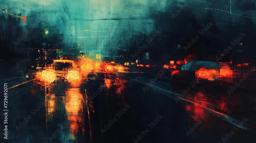 Painting Depicting Night View of City Street