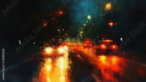 Painting of City Street at Night, Capturing the Vibrant Urban Landscape Under the Moonlight