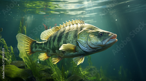 European freshwater perch fish swimming in the sea underground