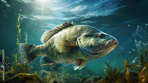 European freshwater perch fish swimming in the sea underground, fish underwater photography