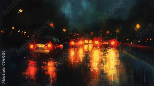 Painting of a City Street at Night, An Atmospheric Urban Scene Depicting Nighttime Illuminations