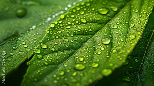 Vivid Close-Up Photo of a Green Leaf With Water Droplets