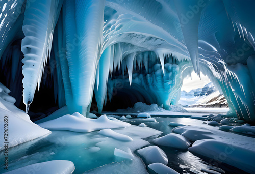 Ice Caves. Glacier. Frozen. Nature. Cold. Adventure. Exploration. Ice Formation. Crystal. Winter. Scenic. Subterranean. Cave System. Natural Beauty. Icy. AI Generated.