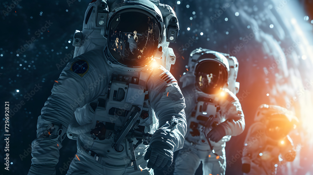 Fototapeta premium A group of astronauts working together on a space mission. They were wearing white astronaut suits.