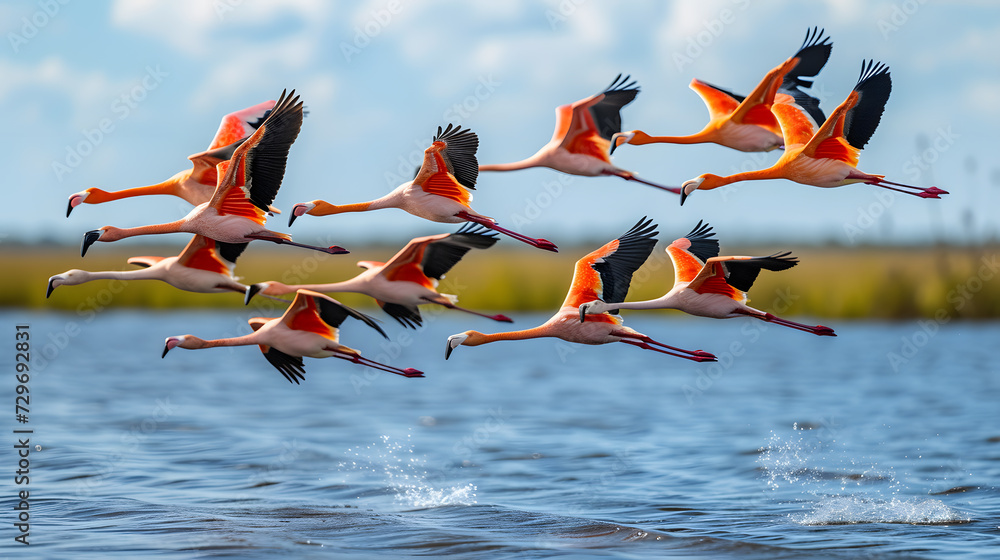 A flock of flamingos flying over a lake, creating a splash of color against the blue sky.
