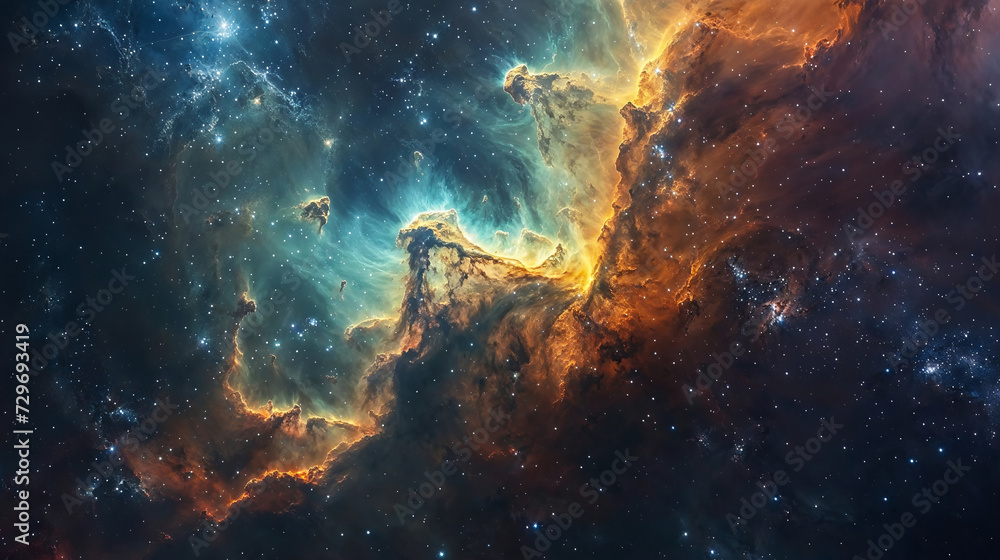 A cosmic cliff ablaze with nebula embers against the tranquil expanse of space.