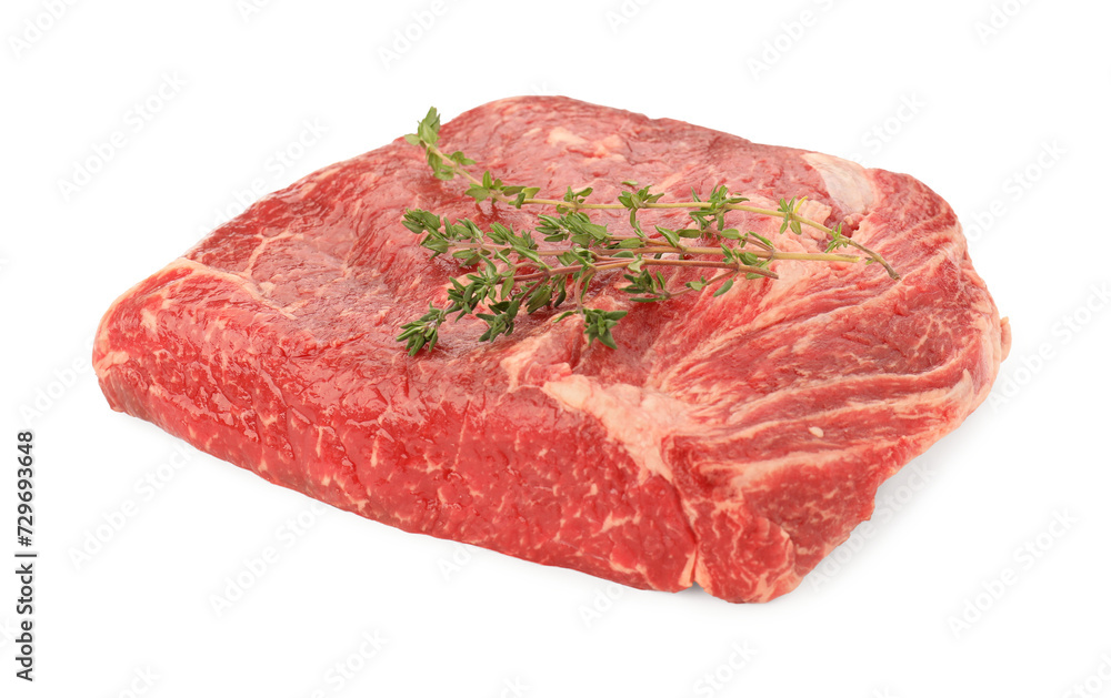 Fresh raw beef cut with thyme isolated on white