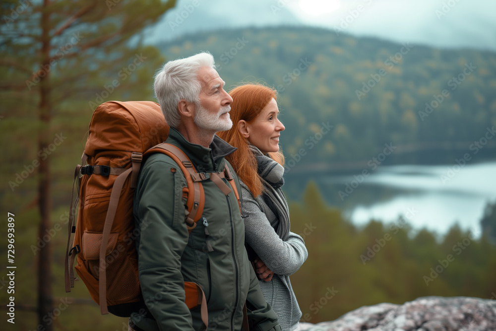 An elderly couple of backpackers are hiking in nature. A family of tourists walking outdoors and enjoying their adventure. Active lifestyle of pensioners.