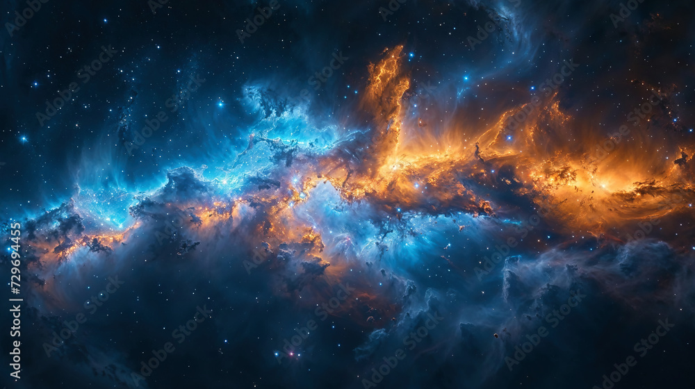 A stellar nursery is cradled within the galactic flames, a birthplace of stars set against the cosmos. - obrazy, fototapety, plakaty 