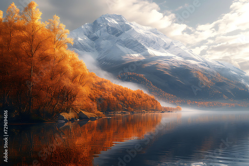 mountain in autumn on the water with trees to the sid