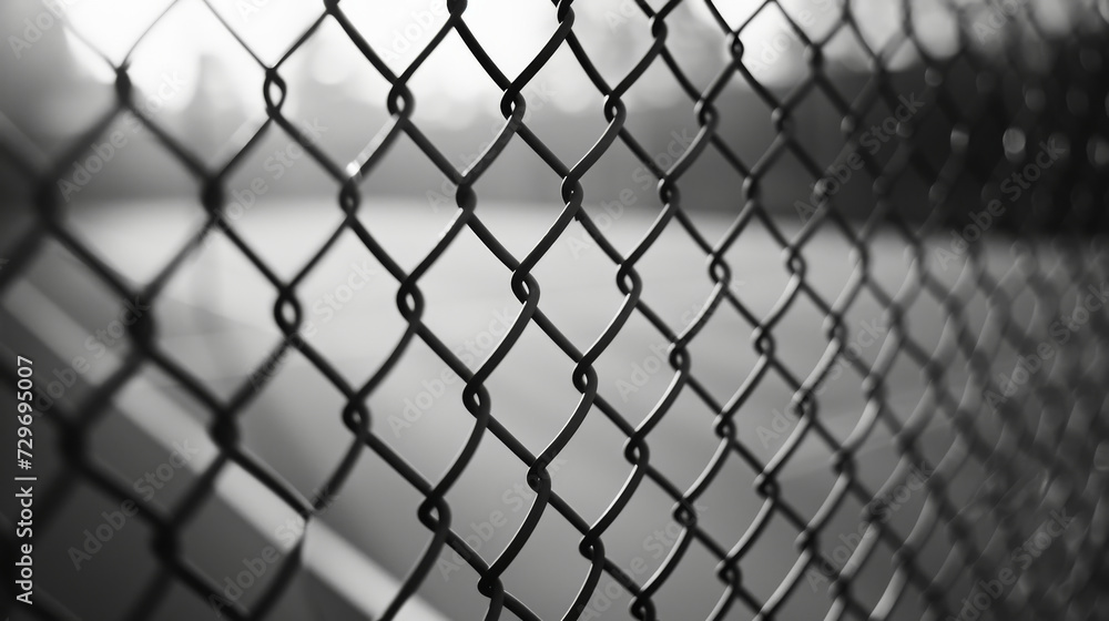 Fototapeta premium Black and White Photo of Chain Link Fence in Urban Setting