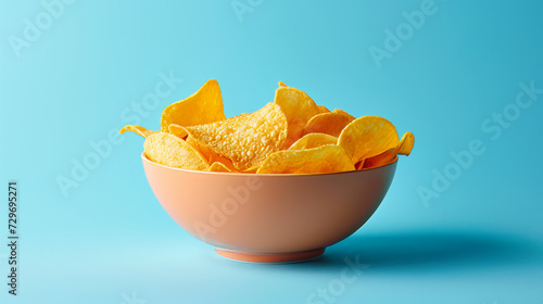 Bowl of Potato Chips on Blue Background