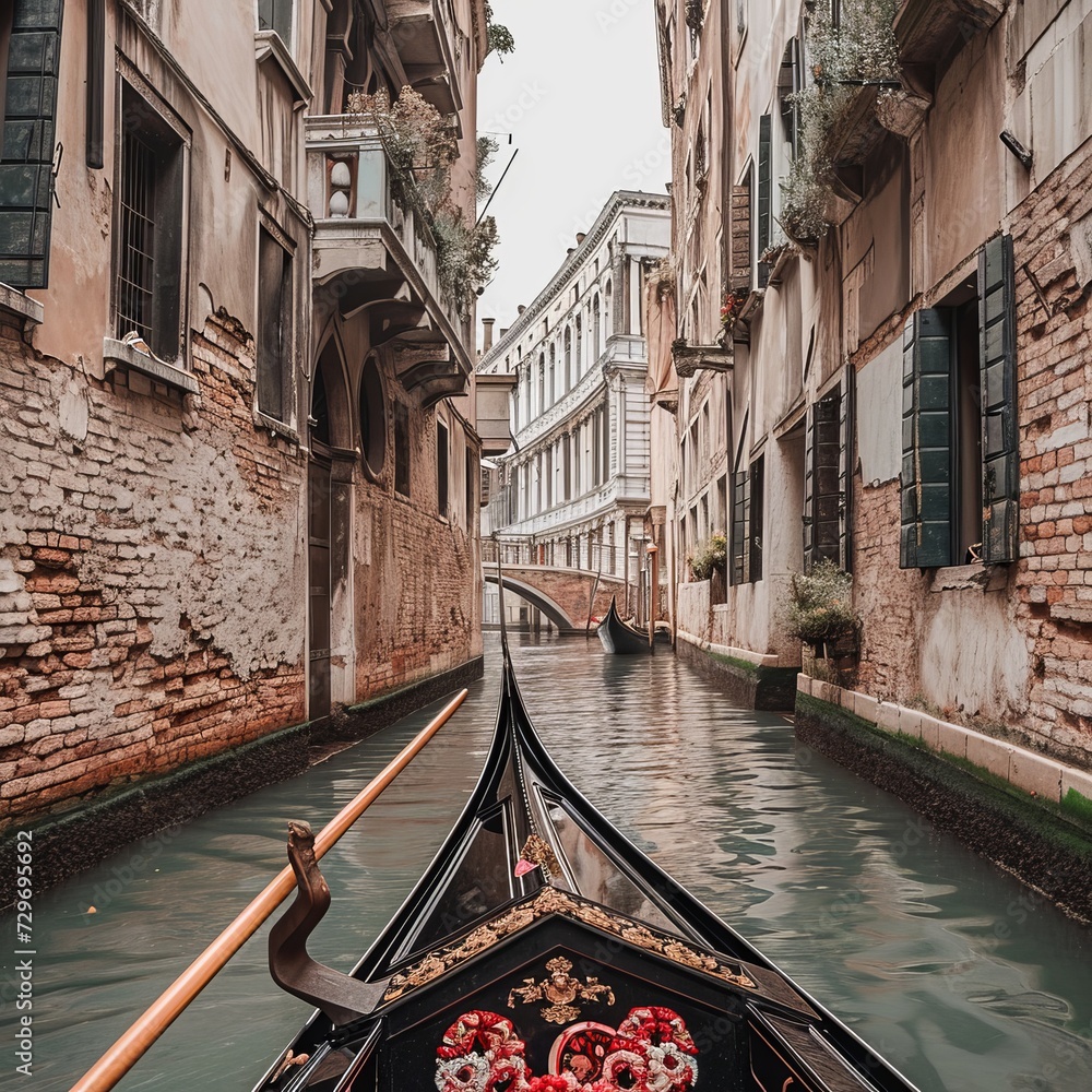 Gondola on the Grand Canal in Venice, Italy. Venice is a popular tourist destination of Europe. - obrazy, fototapety, plakaty 