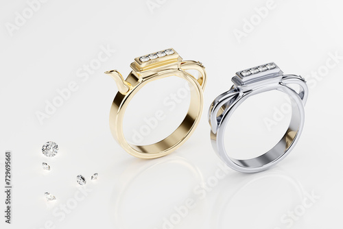 Gold and platinum diamond ring on white background. 3D rendering.