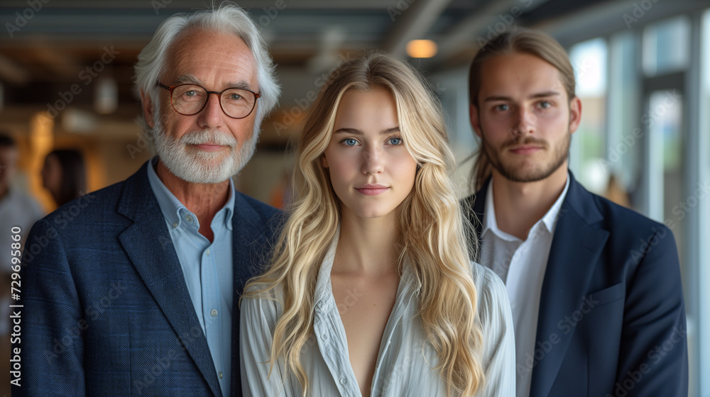 Business Team. A confident multi-generational business team stands together, with a young woman flanked by senior and younger male colleagues in a modern office. Business Team. A confident multi-generational business team stands together, with a young woman flanked by senior and younger male colleagues in a modern office.