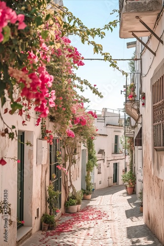 Narrow street with blooming bougainvillea flowers in Rabat, Morocco