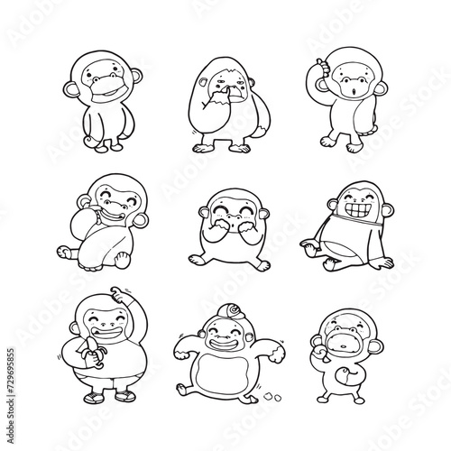 set of gorilla doodle vector illustration isolated on white background