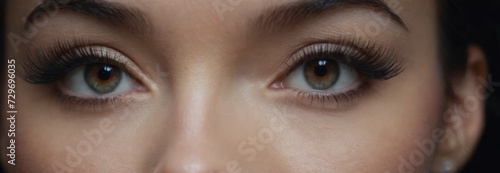 Beautiful female green eyes with cat eye makeup. Close-up. Smooth skin with natural makeup for eyelashes, eyebrows and eyelids. Part of the face. Eye makeup concept.