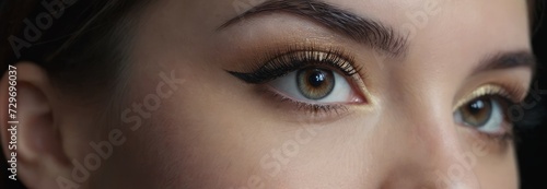 Beautiful female green eyes with cat eye makeup. Close-up. Smooth skin with natural makeup for eyelashes, eyebrows and eyelids. Part of the face. Eye makeup concept.