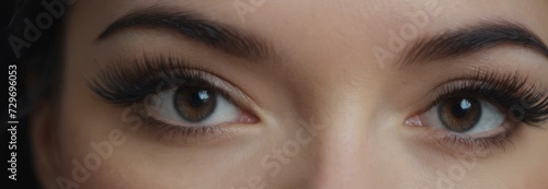 Beautiful female brown eyes with cat eye makeup. Close-up. Smooth skin with natural makeup for eyelashes, eyebrows and eyelids. Part of the face. Eye makeup concept. photo