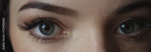 Beautiful female green eyes with cat eye makeup. Close-up. Smooth skin with natural makeup for eyelashes, eyebrows and eyelids. Part of the face. Eye makeup concept.
