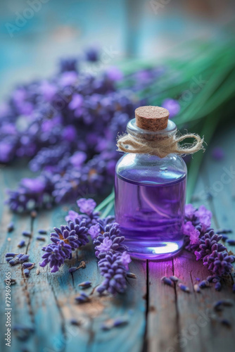 Lavender oil in a transparent bottle with a cork  surrounded by fresh lavender blooms on an aged wooden surface.