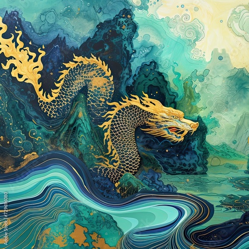 Chinese dragon, Year of the Dragon, wallpaper, mountain and river fantasy landscape background inspired by chinese traditional ink painting, gold, blue, green, square, generative AI © Be Doa