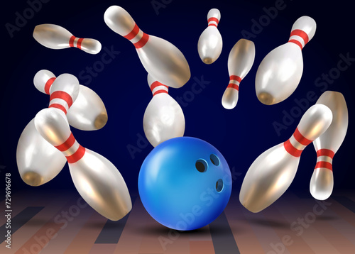Realistic bawling ball with pins.3d bawling pins.Realistic bowling theme eps 10