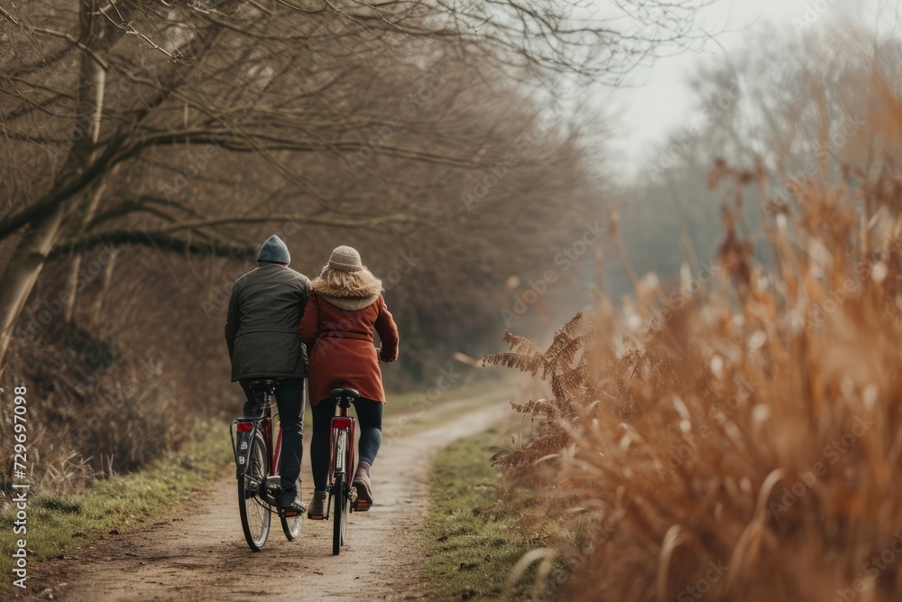 Fototapeta premium Young couple riding bikes in the countryside on a foggy day.