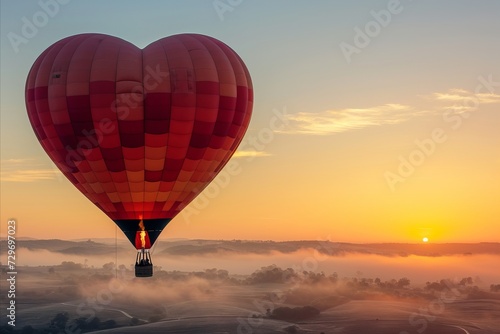 Hot air balloon in the shape of a heart against the background of a beautiful sunrise.