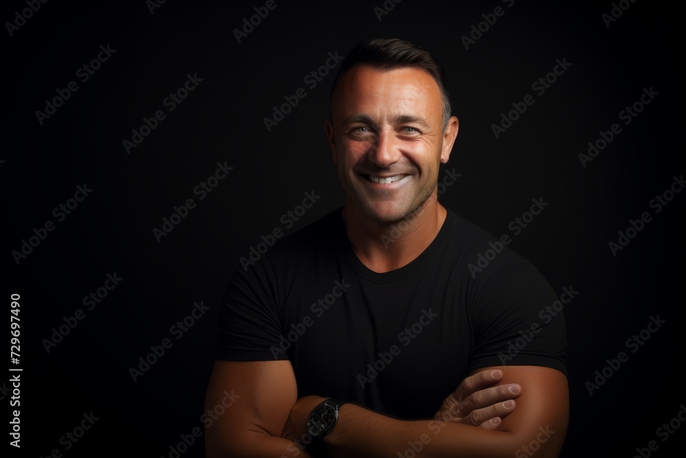 Portrait of a smiling man in black t-shirt on black background Portrait of a smiling man in black t-shirt on black background