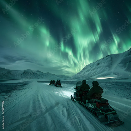 Frozen tundra under aurora borealis asnowmobile expedition withgreen lights dancing overhead polar l Generative AI photo