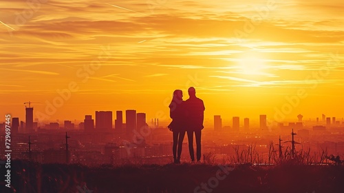 Silhouette of a loving couple on the background of the sunset © GoldenART