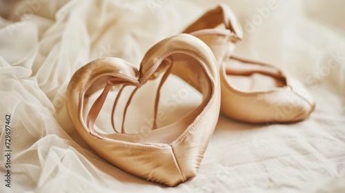 Pair of beige ballet shoes on white background, top view