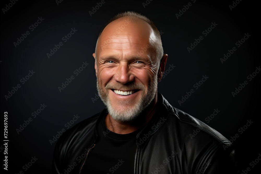 Portrait of a happy senior man in black leather jacket over black background.