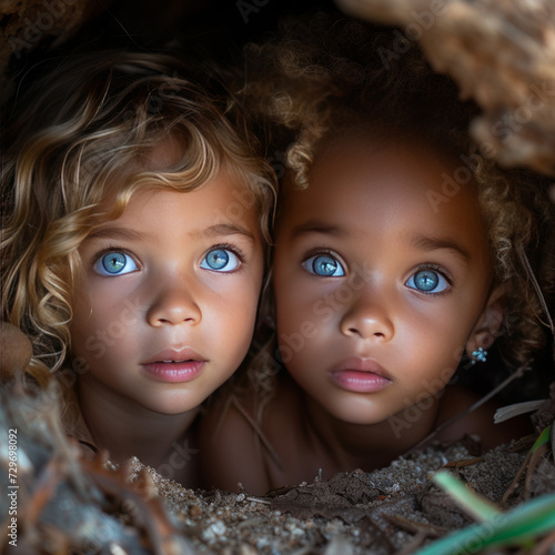 Two young girls are looking up with blue eyes. They are surrounded by rocks and dirt in a cave.