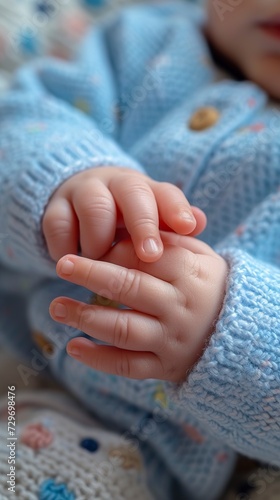 Close-up of the baby's small, delicate fingers playing with lightness and wonder. Baby fingers on tender hands conveying innocence and tenderness.