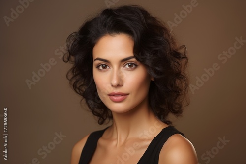 Portrait of beautiful young woman with makeup and long curly hair.