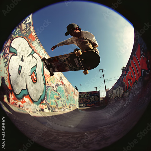 Fisheye lens shot askateboarder in midair withurban graffiti walls dynamic action real picture depth Generative AI photo