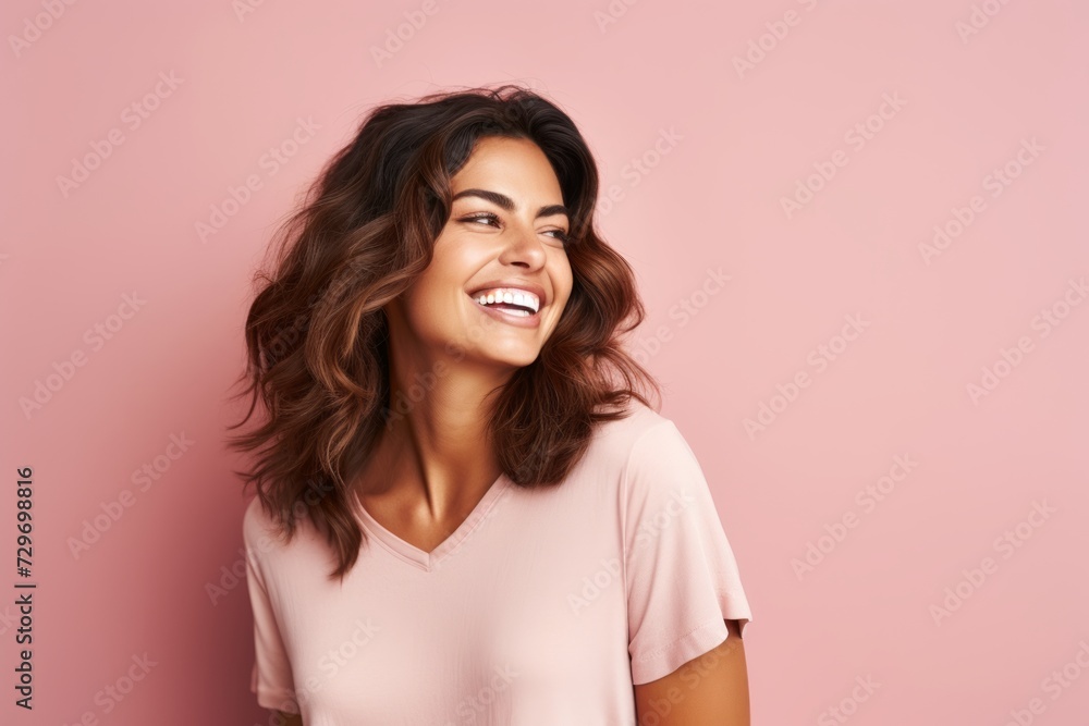 Portrait of happy smiling young woman looking at camera over pink background Portrait of happy smiling young woman looking at camera over pink background