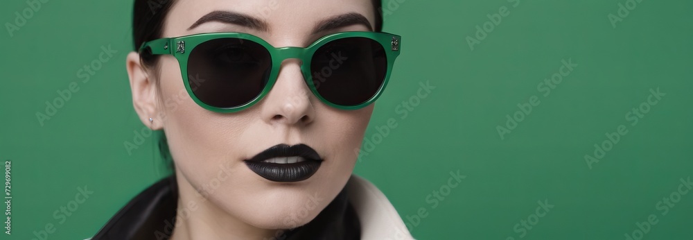 Fashionable portrait of a woman wearing green glasses. against a green wall background. Fashion, beauty, vintage, aesthetics and artistic concept. Fashionable portrait of a woman wearing green glasses. against a green wall background. Fashion, beauty, vintage, aesthetics and artistic concept.